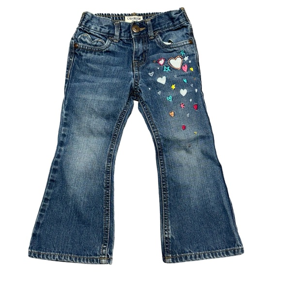 OshKosh Flare Denim Jeans Heart Embroidered Girls Size 3T Blue Pink Casual - Picture 1 of 8